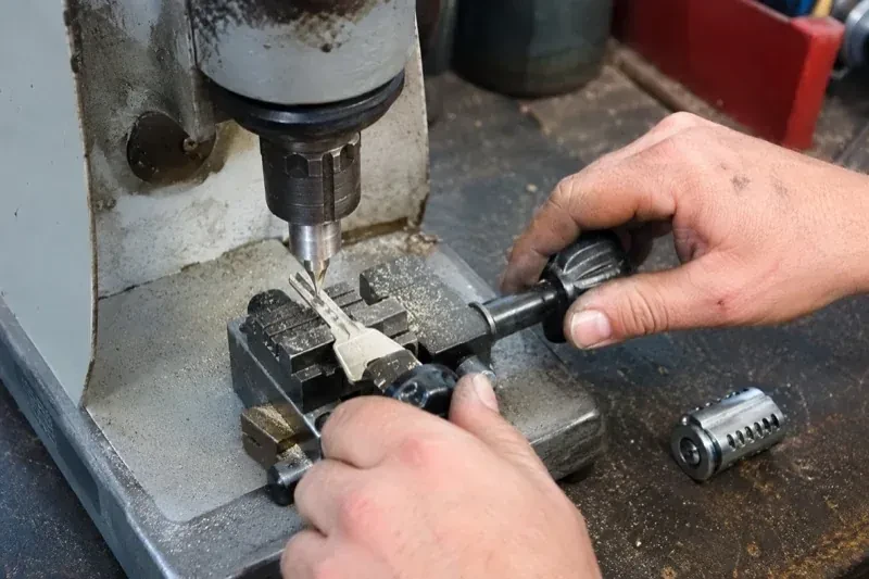 Hands operating a bench-mounted machine with a key clamped beneath a vertical cutter and a loose lock cylinder nearby. — Car Key Replacement, Aurora