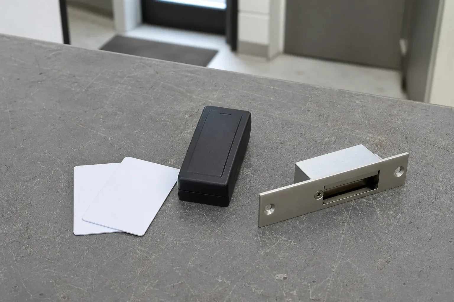 Detached card reader, two plain cards and an electric-strike component on a service bench. — Access Control Installation, Aurora