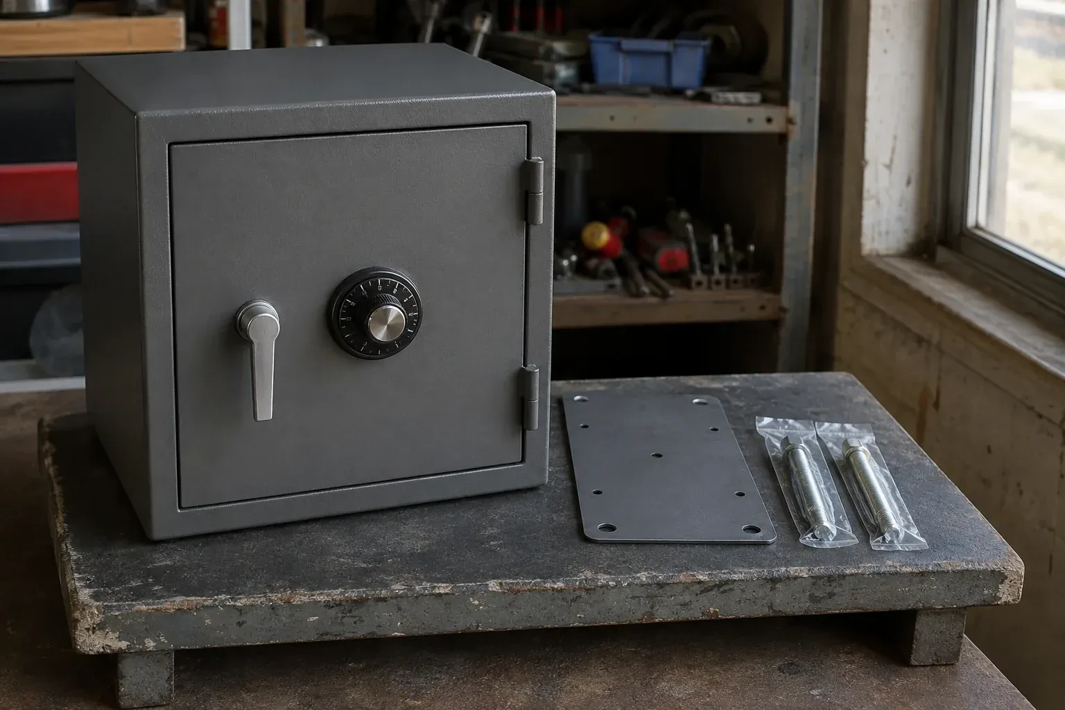 Closed small safe beside a metal plate and packaged fasteners on a workshop bench. — Safe Installation & Servicing, Aurora