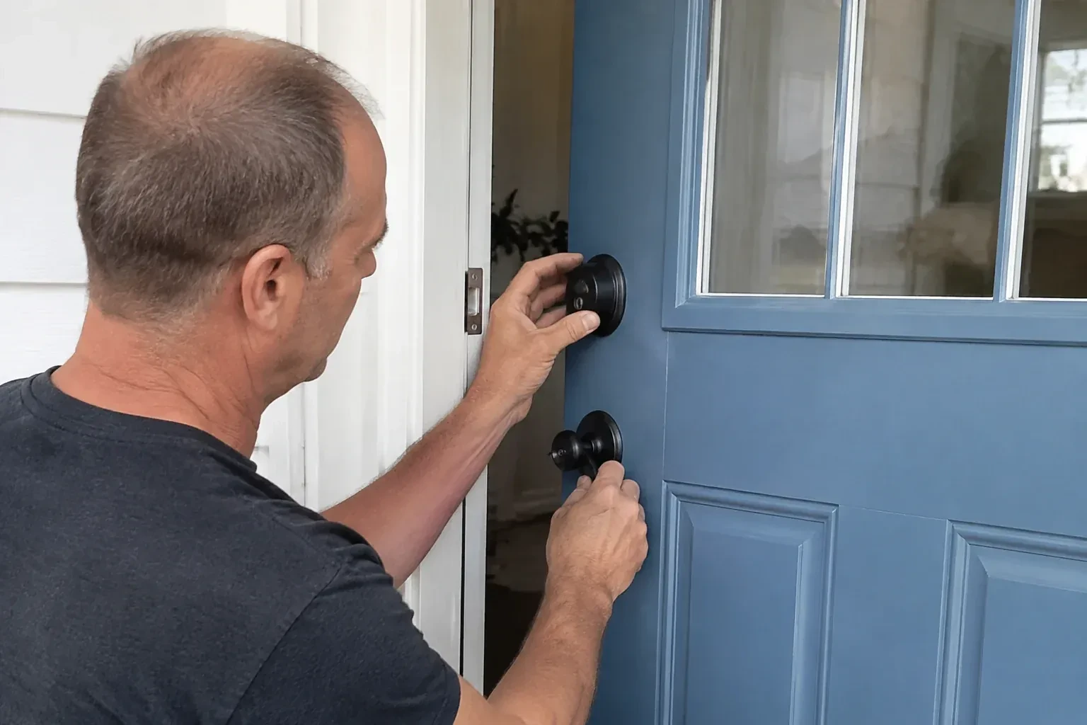 Person holding the black deadbolt and doorknob of a partly open blue front door. — Deadbolt Installation, Aurora