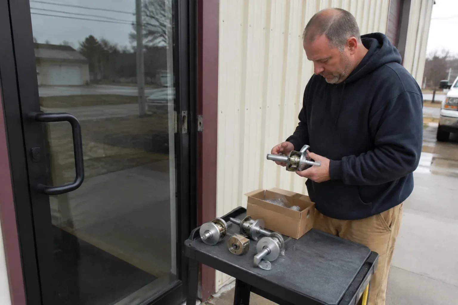 Person holding a door-handle assembly beside a glazed entrance, with more handle and lock components on a cart. — Commercial-Grade Lock Replacement, Aurora