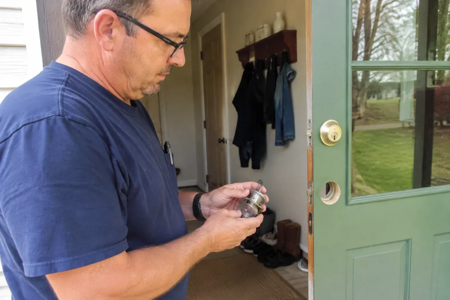 Person holding a cylindrical door-lock assembly beside an open green glazed door with its lower lock opening exposed. — Seized & Jammed Lock Opening, Aurora