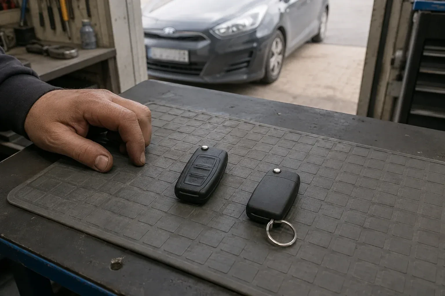 Two vehicle remote fobs on a work mat beside a technician’s hand, with a parked car beyond. — Key Fob Programming, Aurora