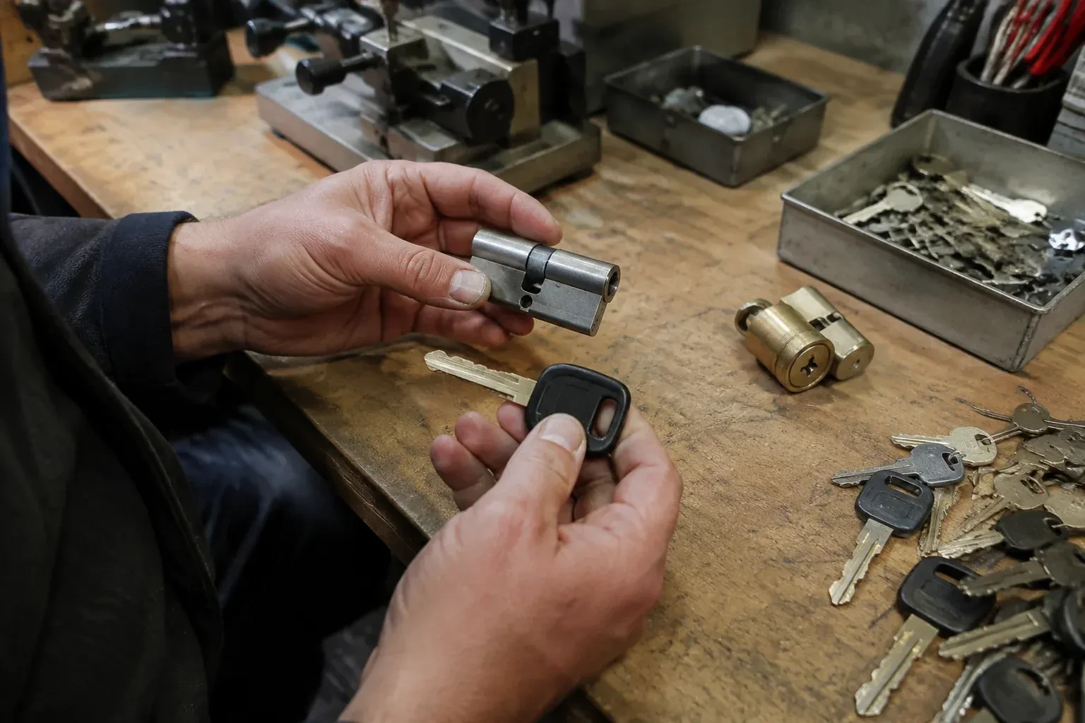 Hands holding a silver-colored lock cylinder and a black-headed key above a workbench with loose keys and another cylinder. — Spare Car Key Duplication, Aurora
