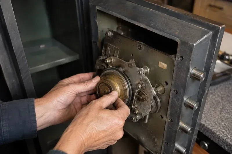 Hands holding a round metal component against the exposed mechanism inside an open safe door. — Safe Opening & Combination Change, Aurora