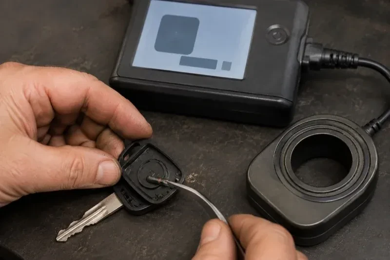 Hands using tweezers at an opened car-key head beside a small electronic unit and a ring-shaped accessory. — Transponder Key Programming, Aurora