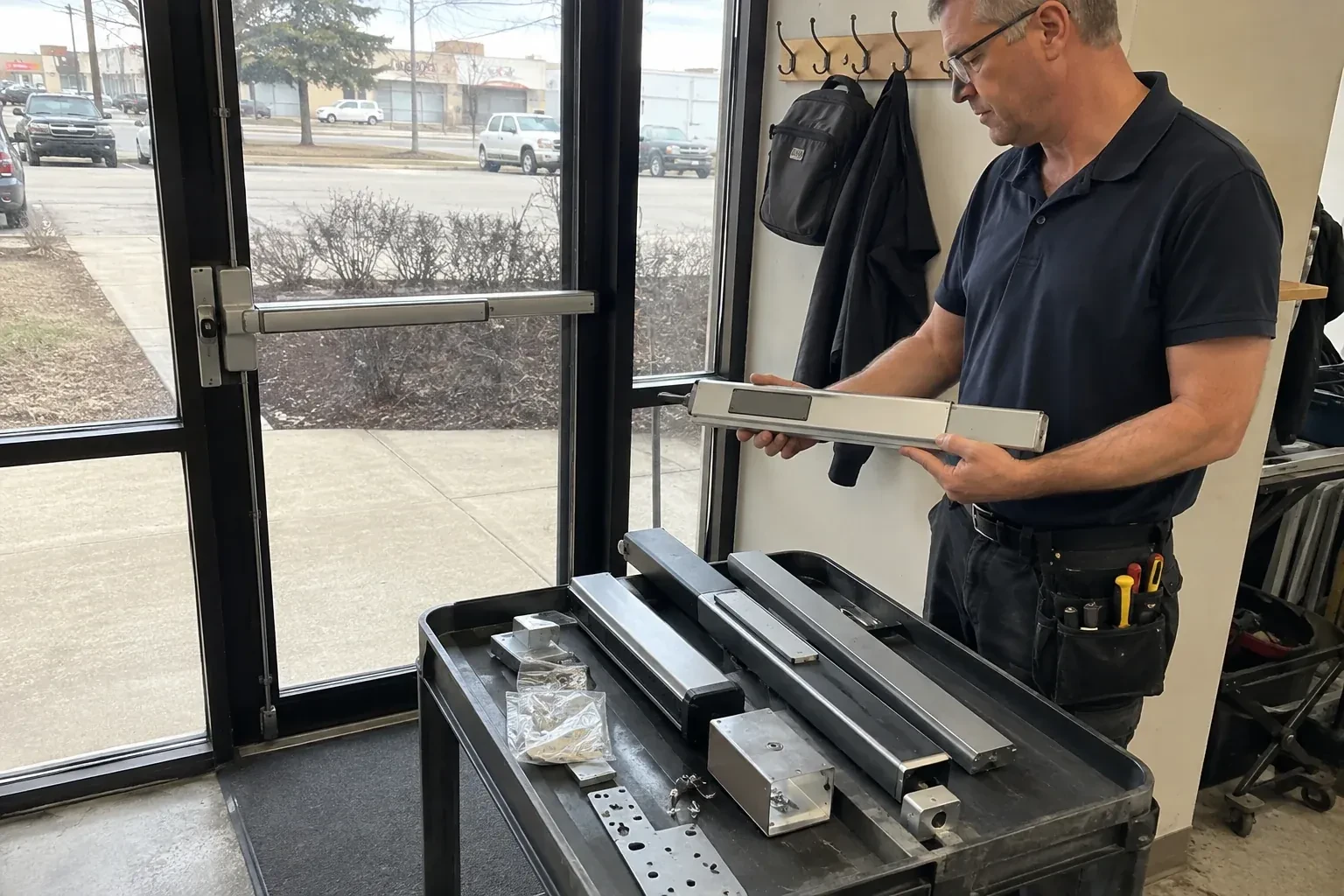 Person holding a long metal door-hardware assembly beside a cart of similar parts and a glass door fitted with a push bar. — Panic & Exit Hardware, Aurora