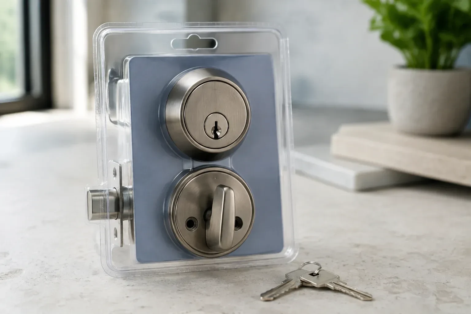 A silver-colored deadbolt set in clear packaging with two keys resting on the countertop in front. — Lock Rekeying, Aurora