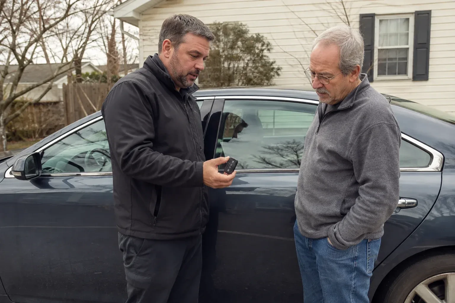 Two people beside a dark sedan, one holding up a black key fob. — Car Lockout Service, Aurora