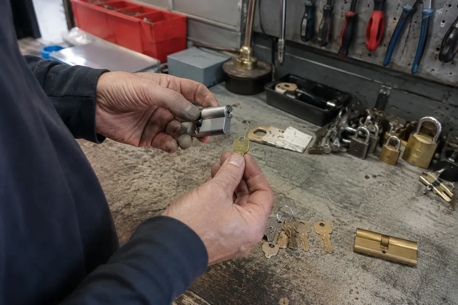 Hands holding a silver-colored lock cylinder and a brass-colored key above a workbench with padlocks, keys and tools. — Master Key System Design, Aurora