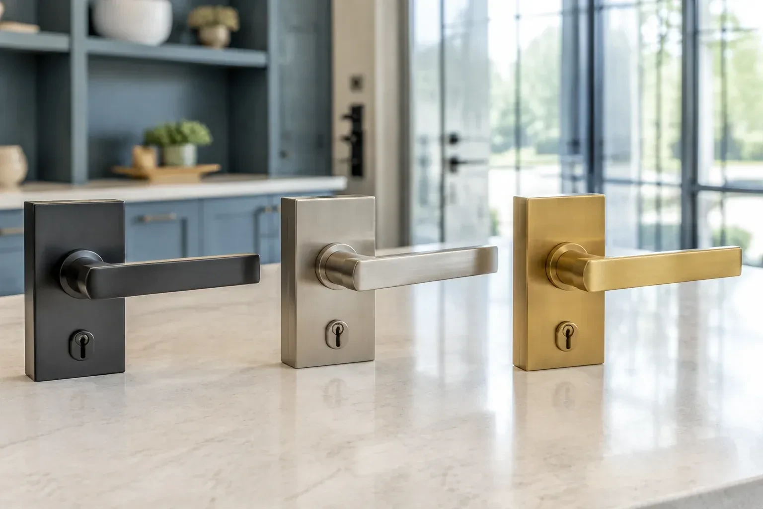 Three rectangular door-handle sets with keyholes in black, silver-colored and gold-colored finishes standing on a countertop. — Commercial Rekeying, Aurora