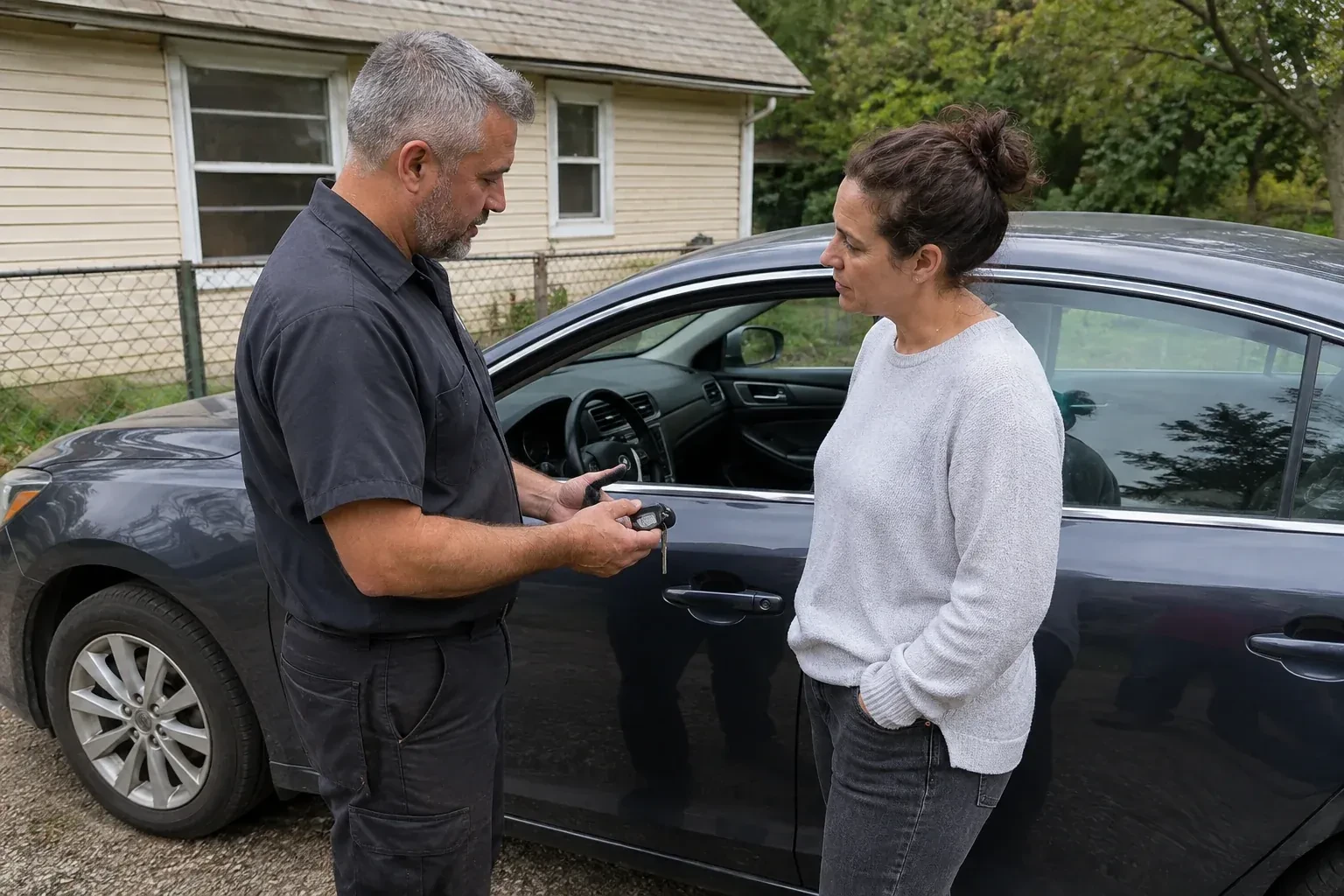 Two people standing beside a car with its window lowered, one holding a key and black key fob. — Ignition Lock Repair, Aurora